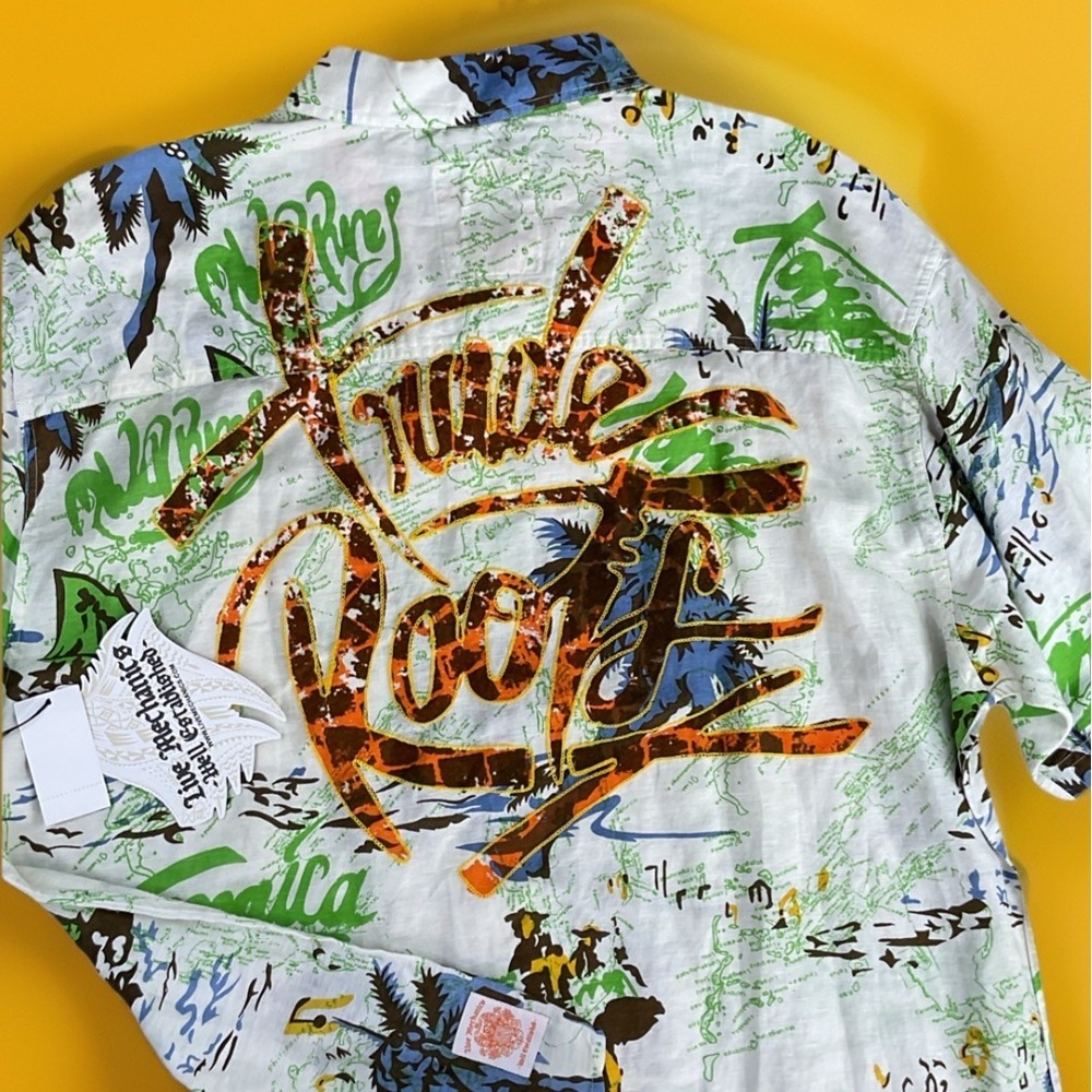 Vintage Live Mechanics Hawaiian Shirt Men Sz 3XL Linen Blend Embroidered AOP Map